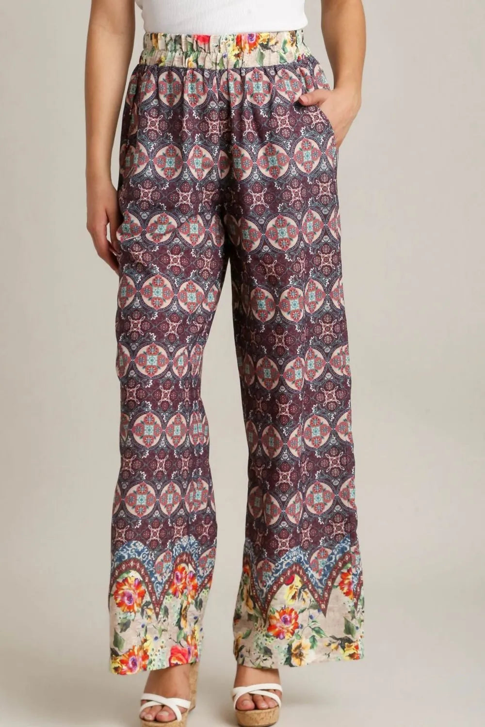 Full Size Mixed Print Elastic Waistband Pants Plus Size