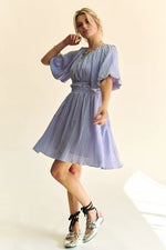 Back Button Puff Sleeve Mini Dress