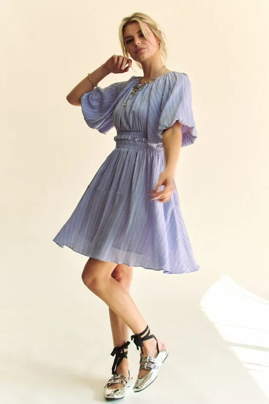 Back Button Puff Sleeve Mini Dress