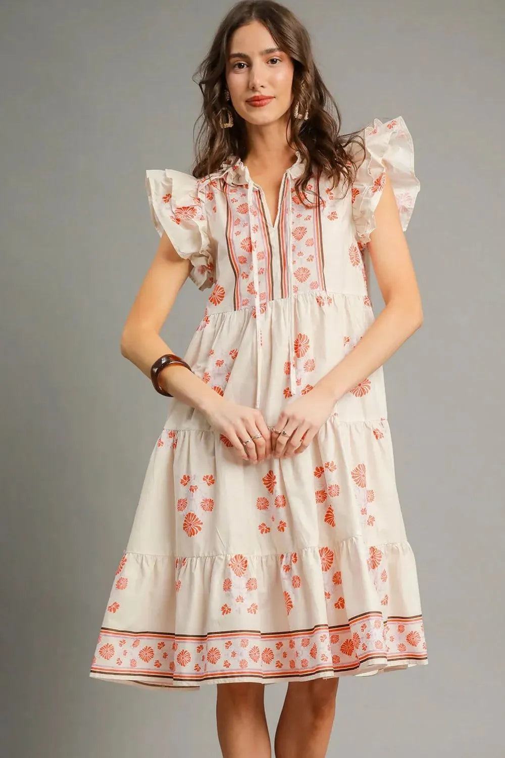 Printed Tie Neck Ruffle Cap Sleeve Dress
