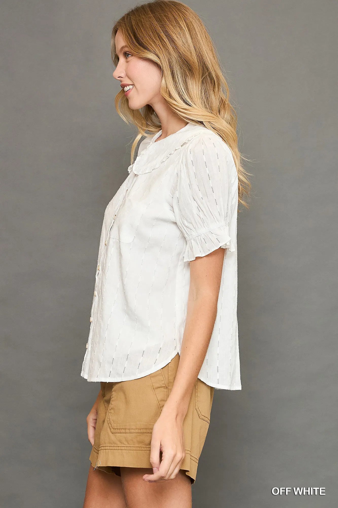 Peter Pan Collared Button Down Textured Shirt with Ruffled Detail