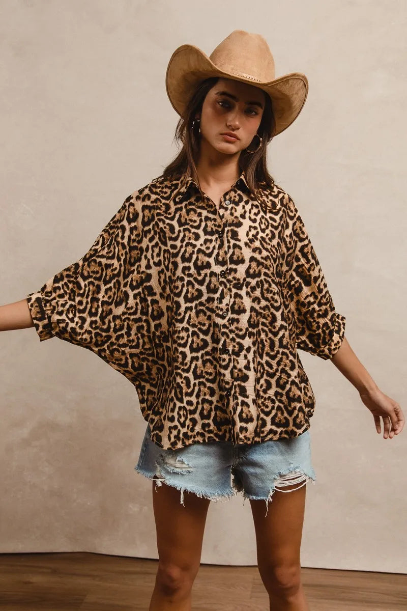 Leopard Prints Overseized Short Sleeves Top