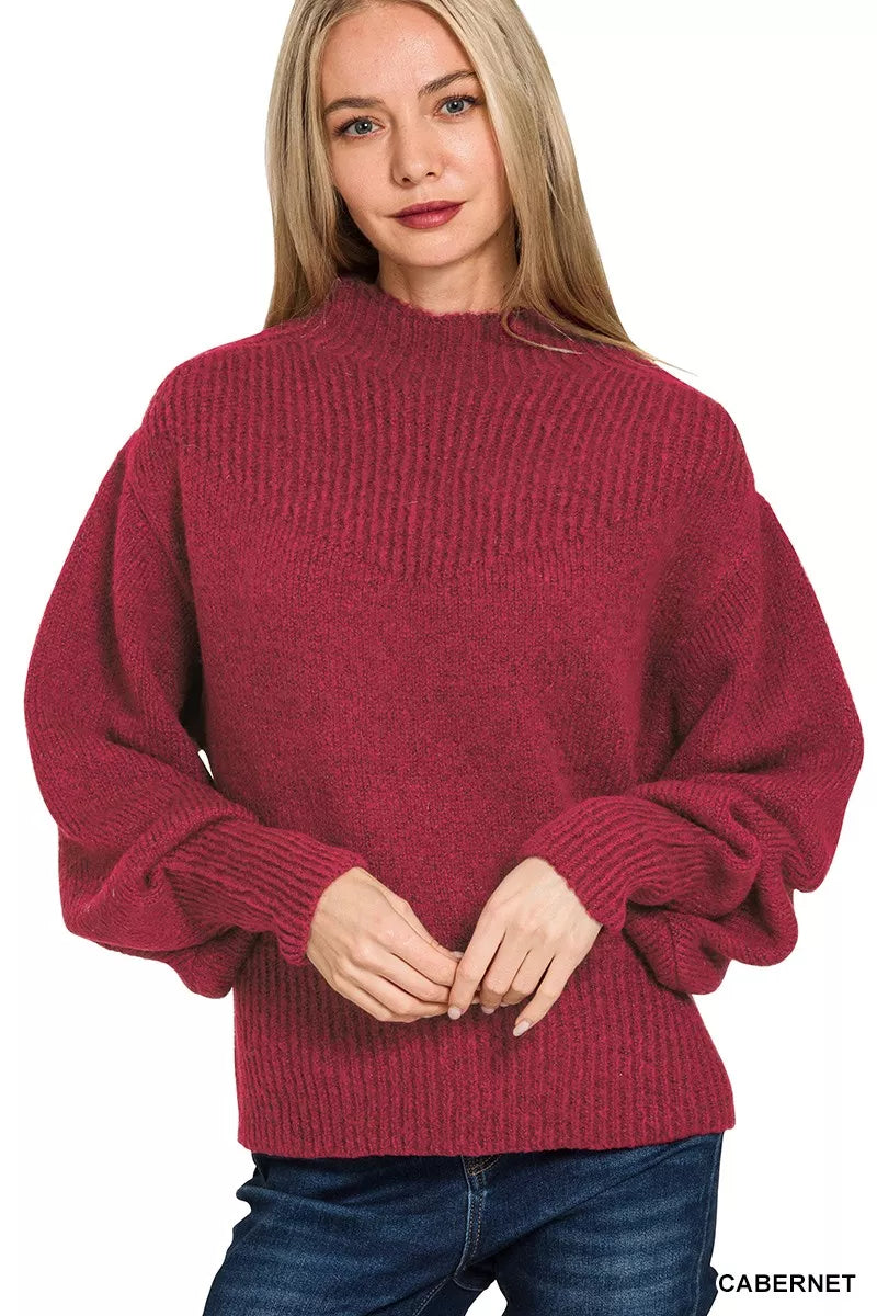 Balloon Sleeve Mock Neck Sweater
