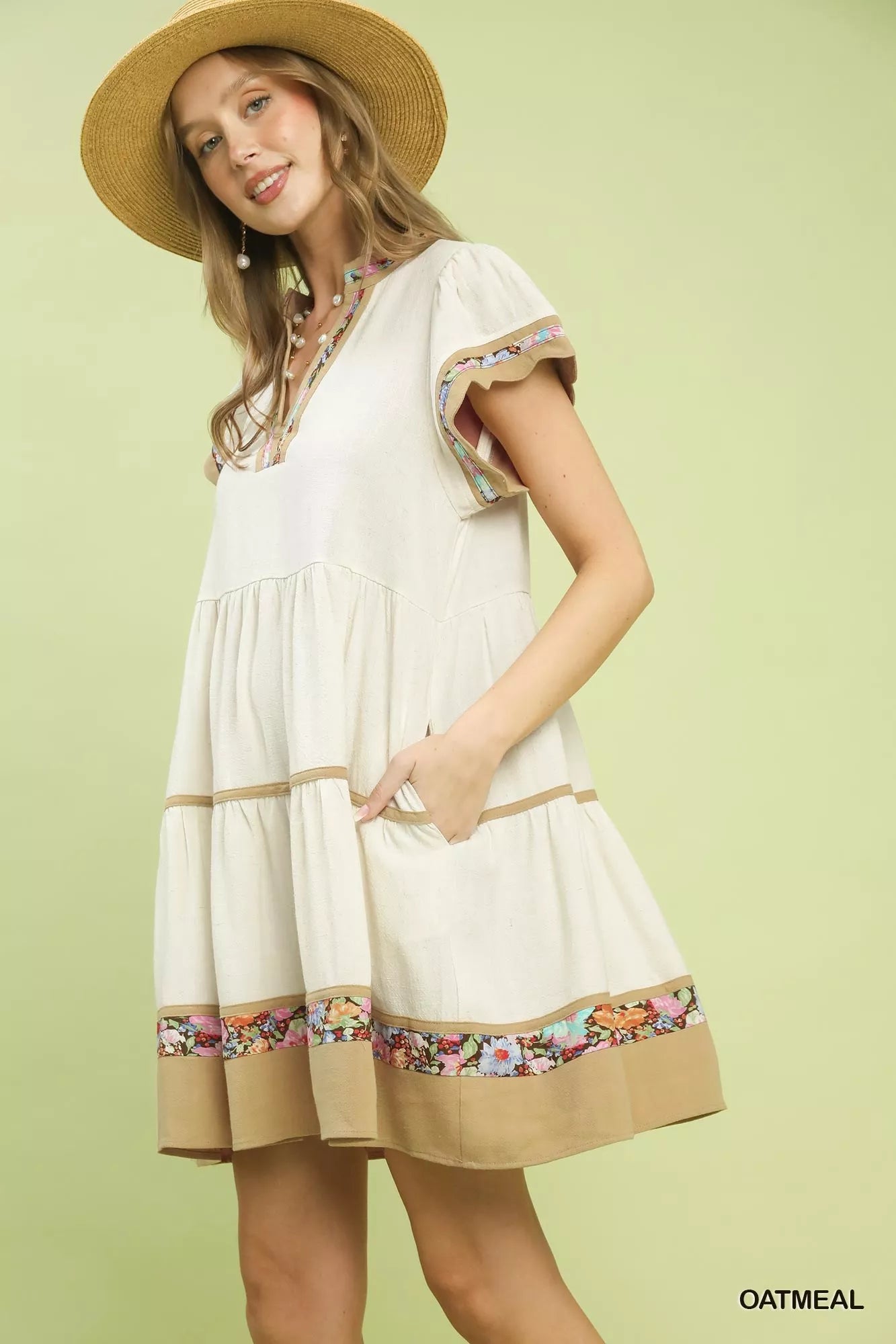 Linen Tiered Flutter Sleeve Dress with Floral Trim