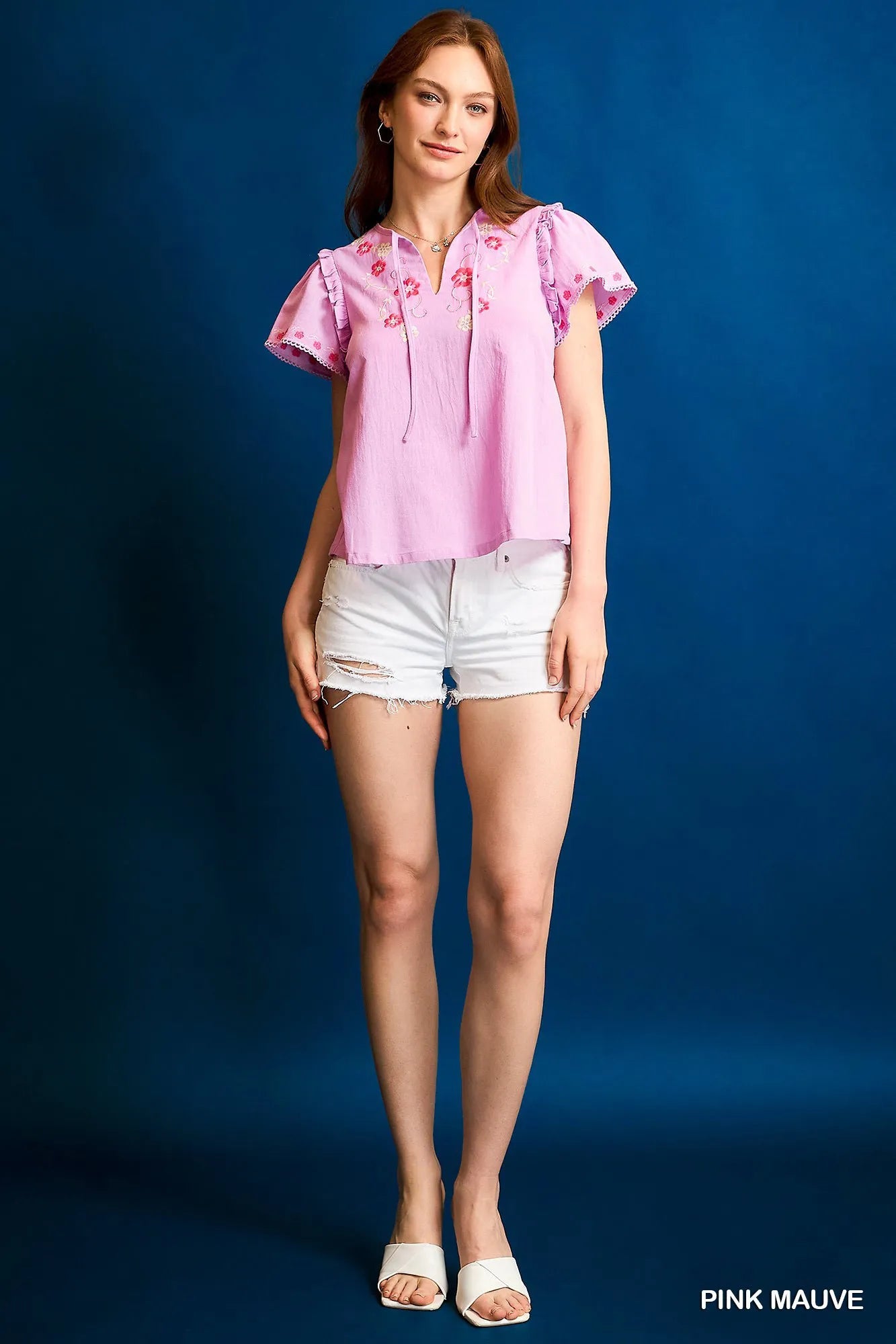 Floral Embroidered Tie Neck Short Sleeve Blouse