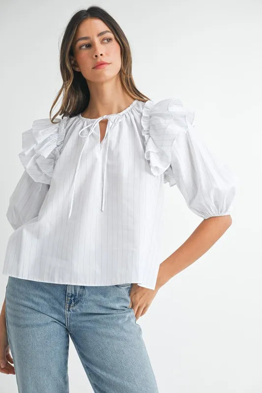 Stripe Ruffle Shoulder Puff Sleeve Blouse