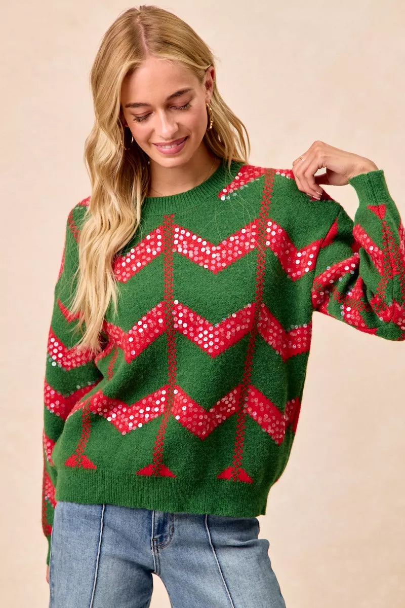 Christmas Theme Chevron Sequins Detail Sweater
