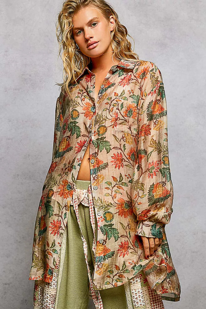 Metal Button Down Floral Long Sleeve Shirt
