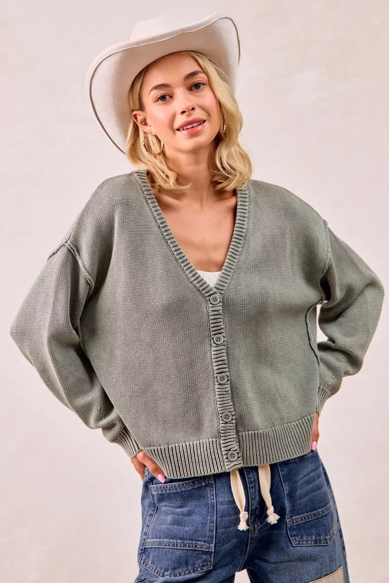 Washed Sweater V Neck Cardigan
