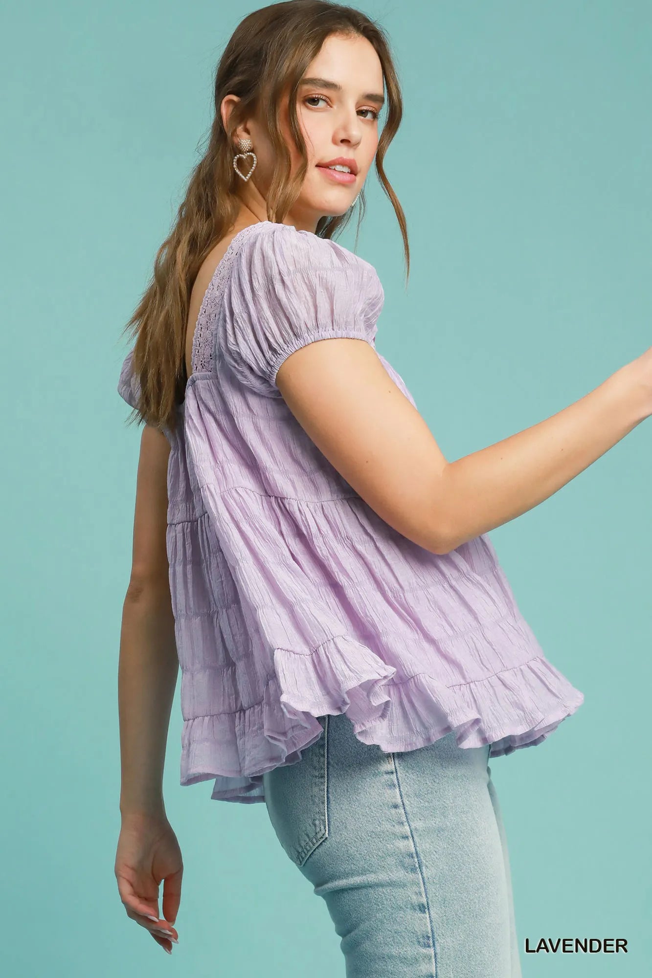 Textured Square Neck Bow Tie Blouse with Ruffle Hem