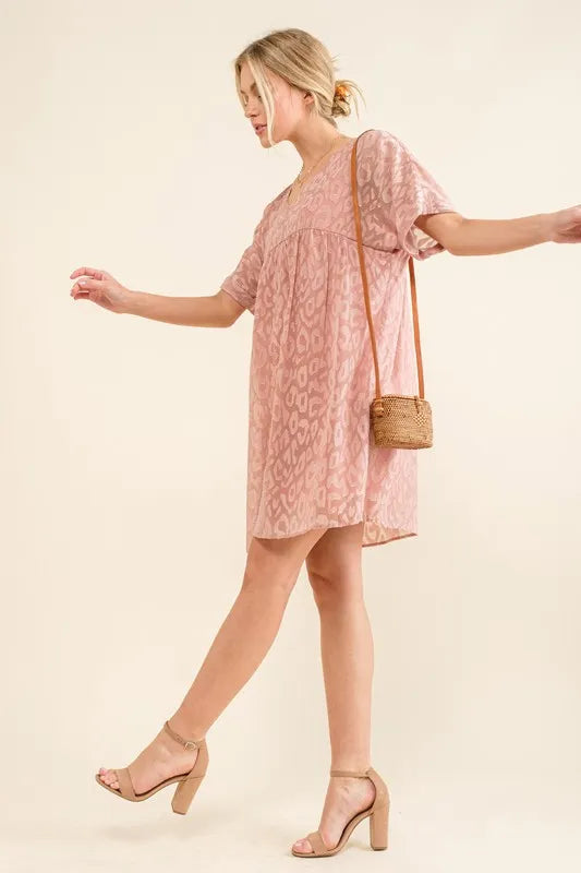 Woven Leopard Baby Doll Roll-Sleeve Casual Dress