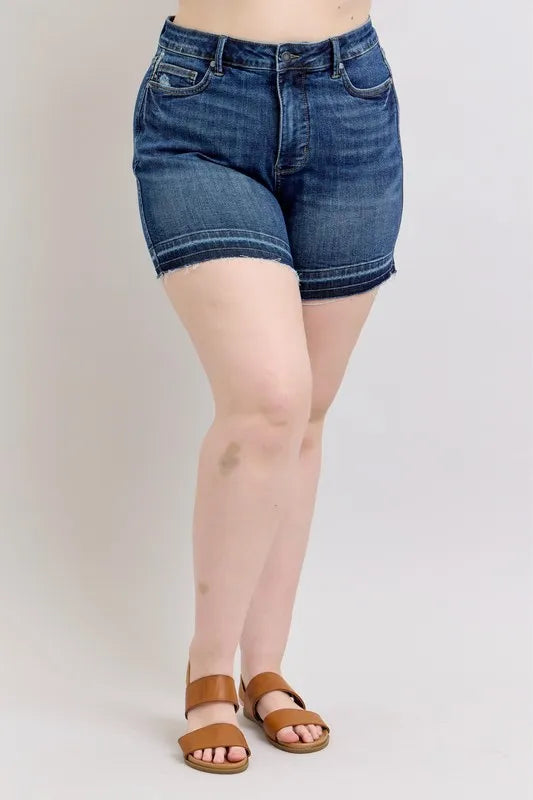 Plus Size HW Tummy Control Destroy Release Hem Denim Shorts