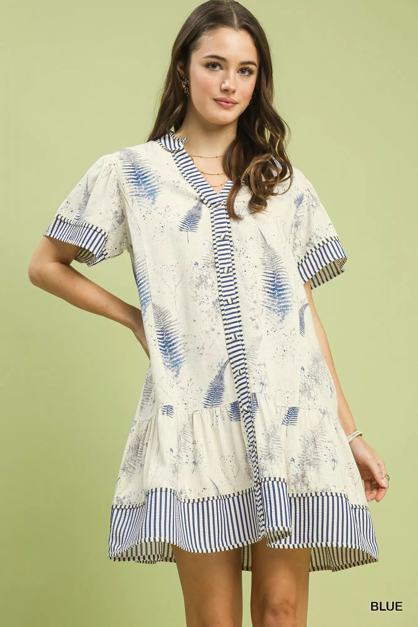 Linen Printed Button-Front Tiered Mini Dress