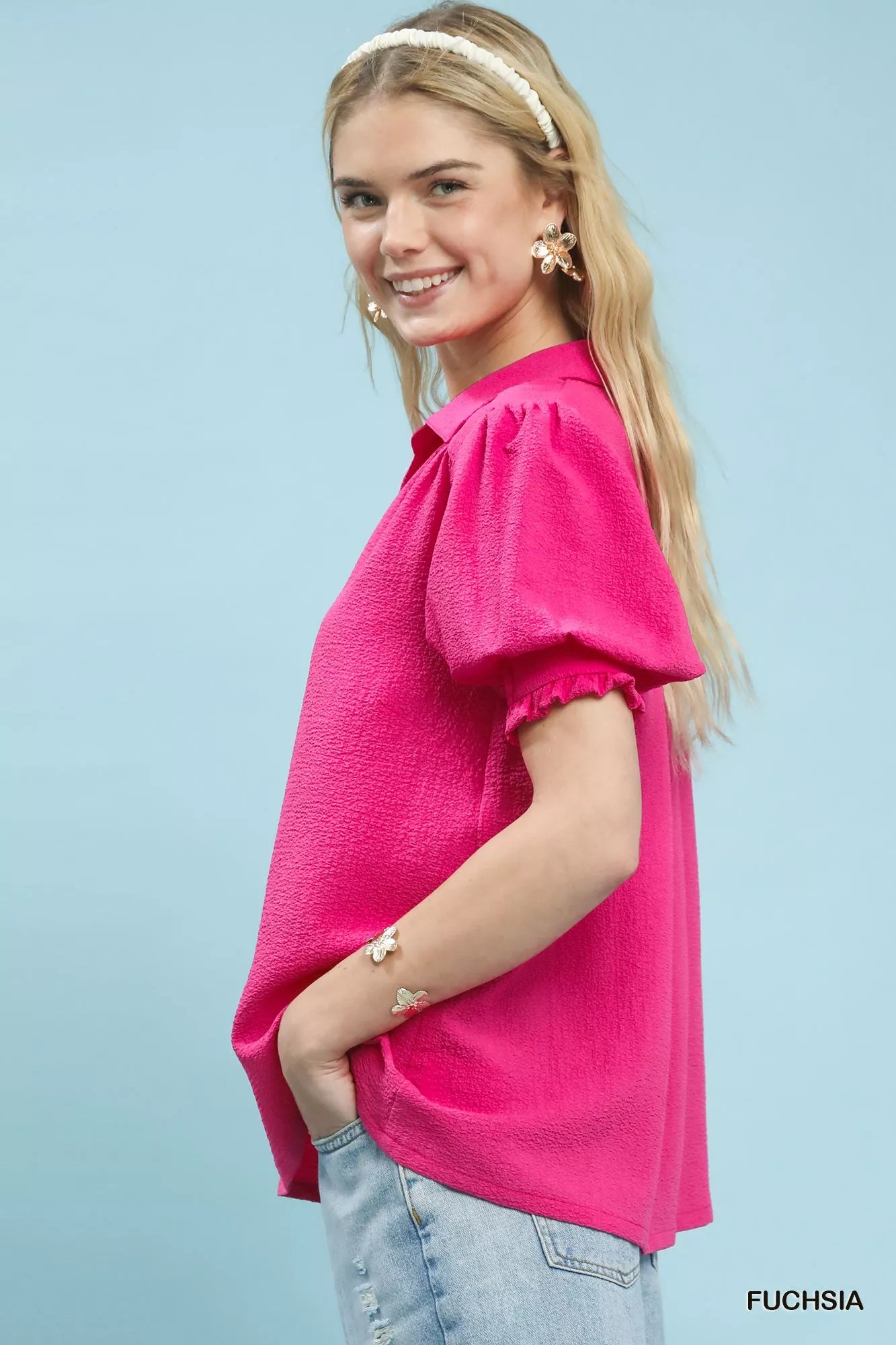 Seersucker Puff Sleeve Blouse