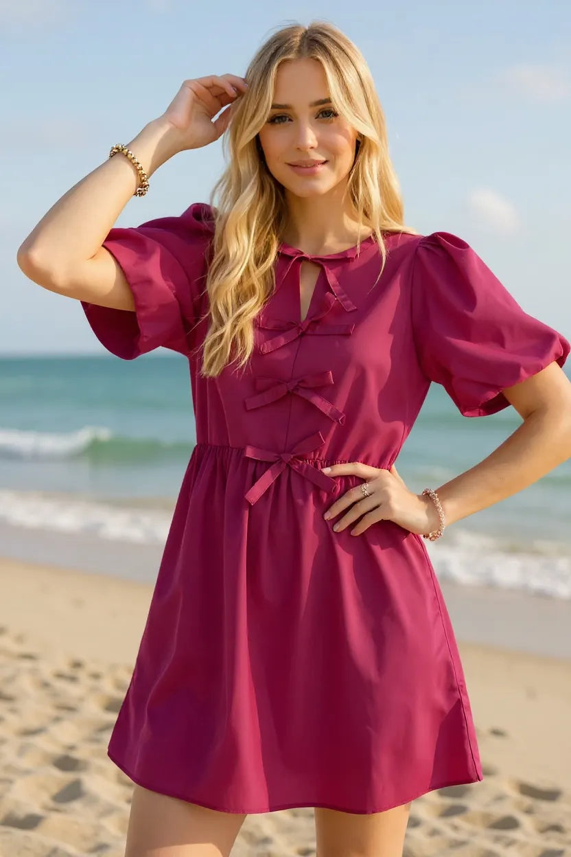 Bow Ruched Puff Sleeve Mini Dress