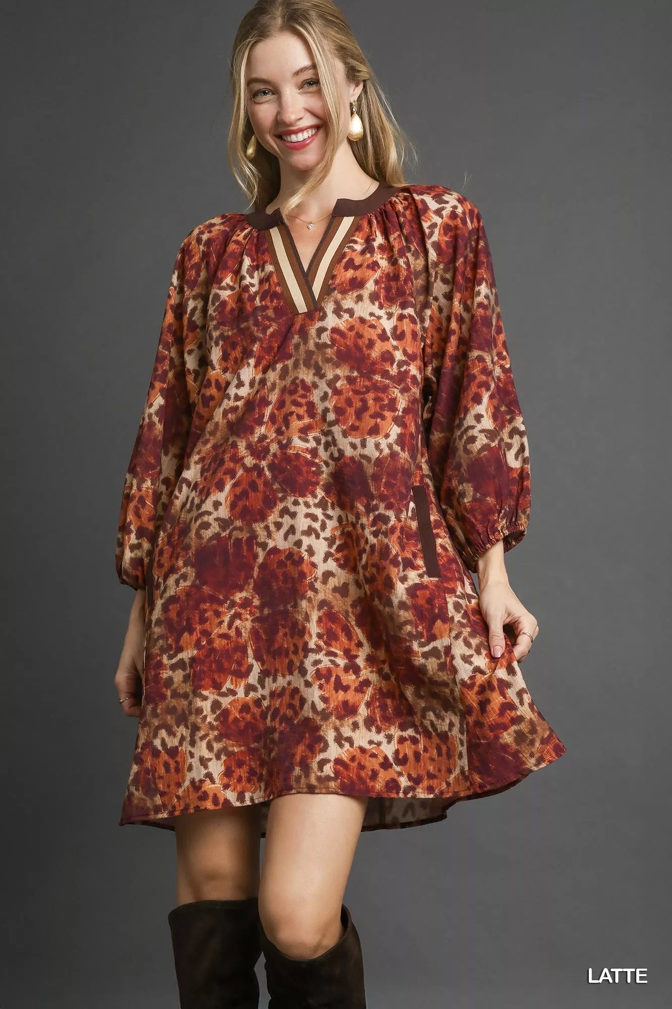 Animal Print Boho Tunic Dress with Contrast Trim Detail