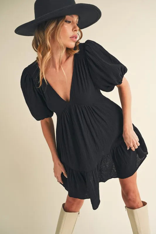 Tied Back Ruffled Short Sleeve Mini Dress