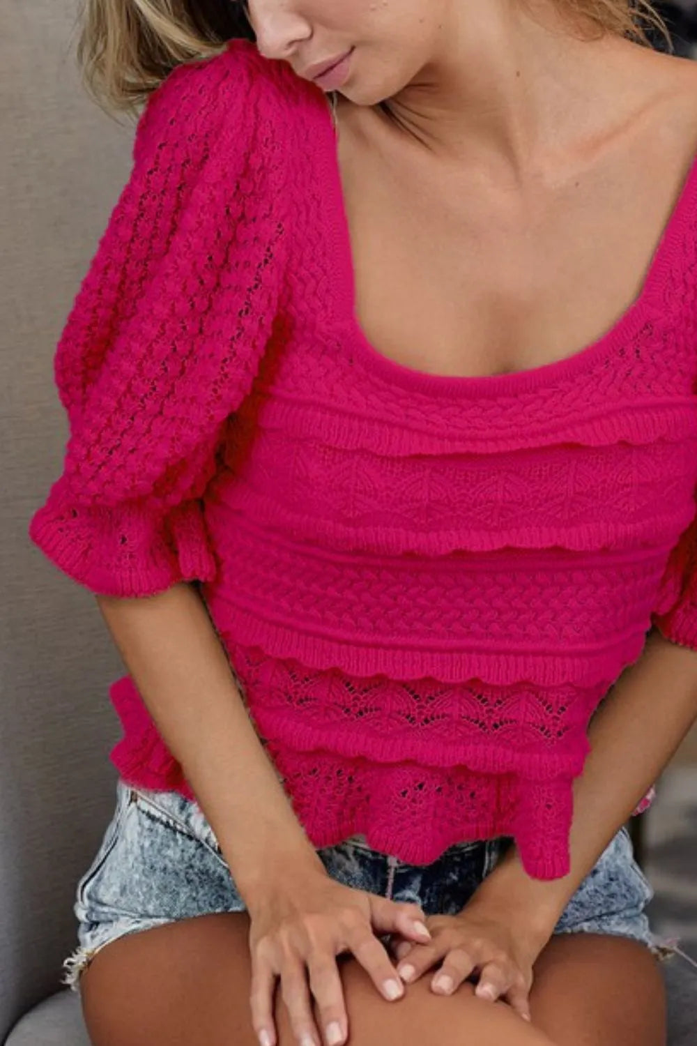 Square Neckline with Puff Sleeve Crochet Top