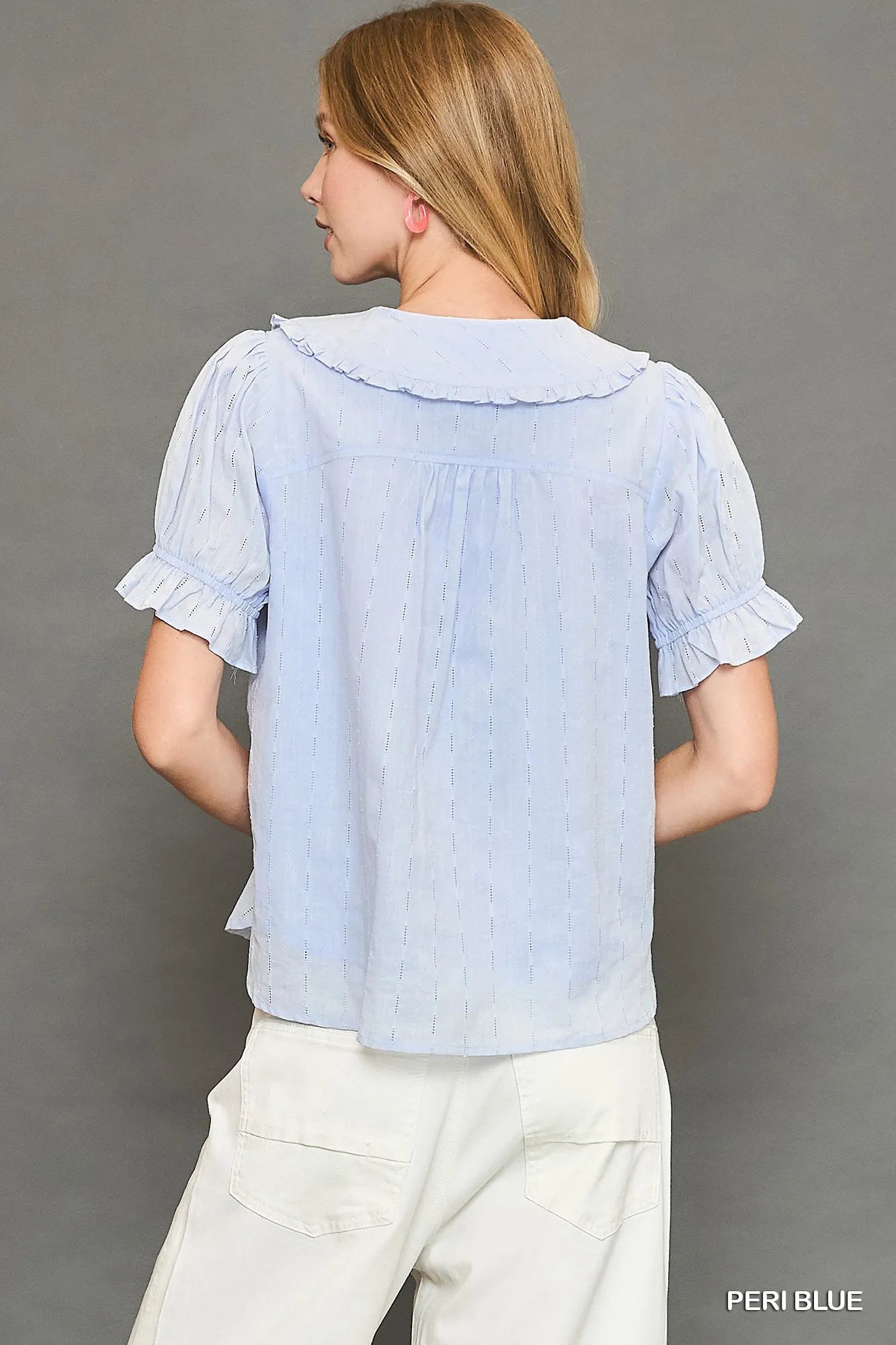 Peter Pan Collared Button Down Textured Shirt with Ruffled Detail