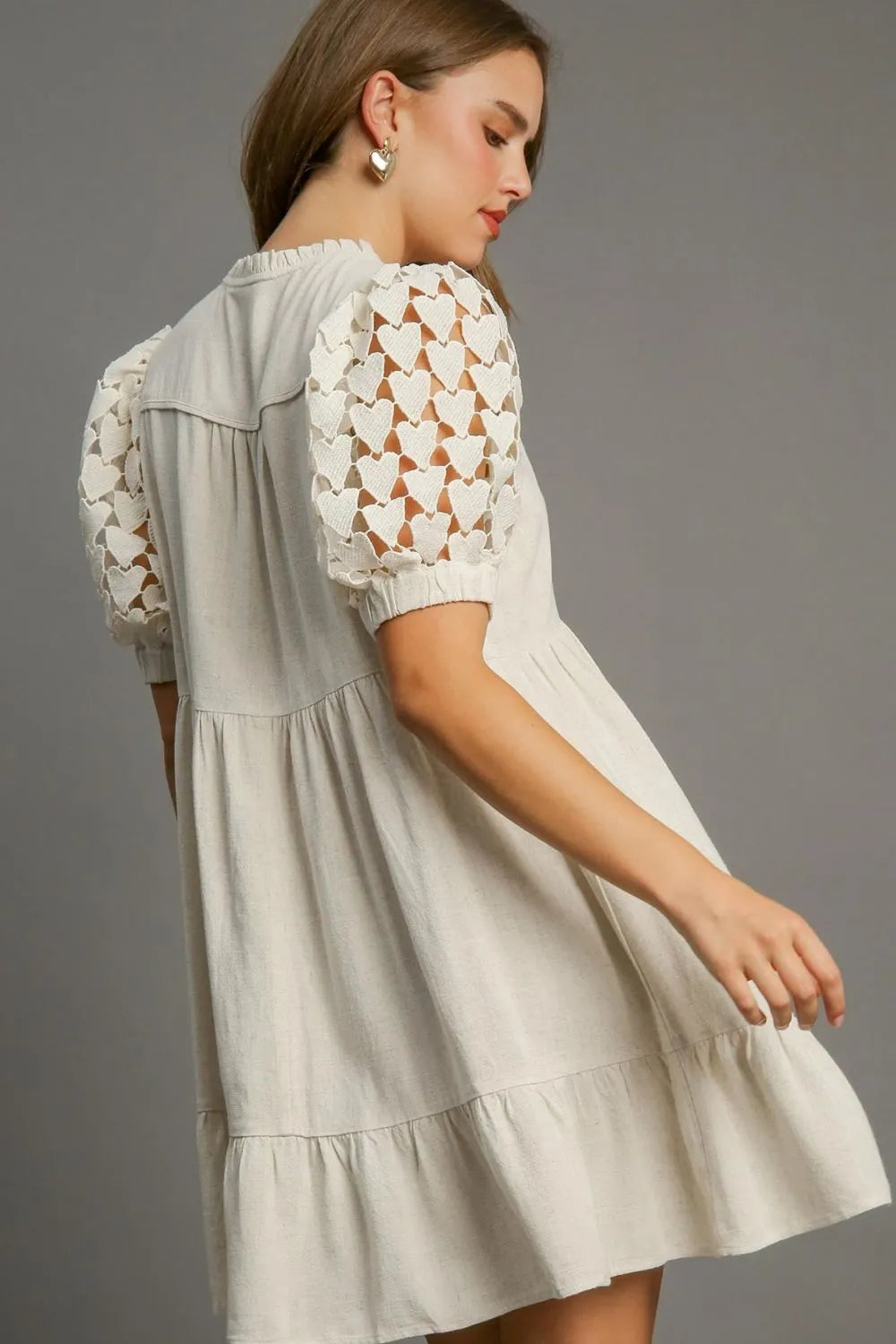 Full Size Ruffled Hem Heart Lace Sleeve Tie Neck Dress Plus Size