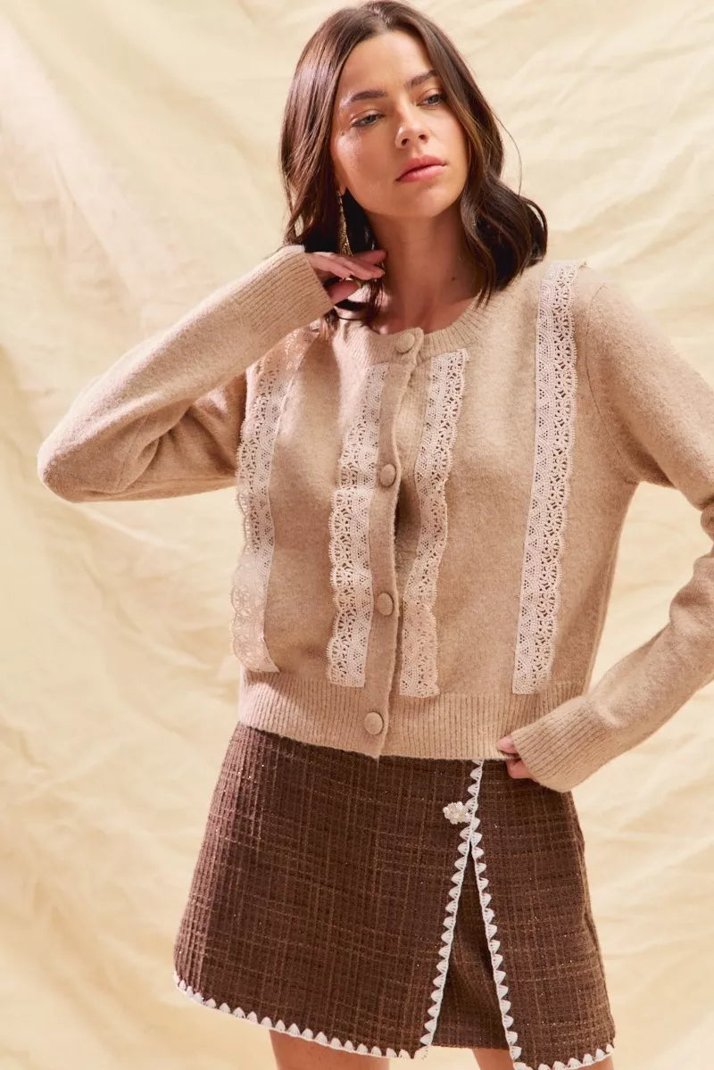 Front Lace Trim Button Cardigan Sweater