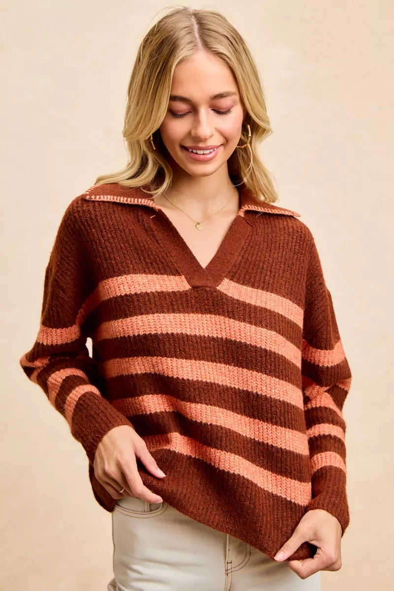 Striped Sweater Top with Collar Stitched Details