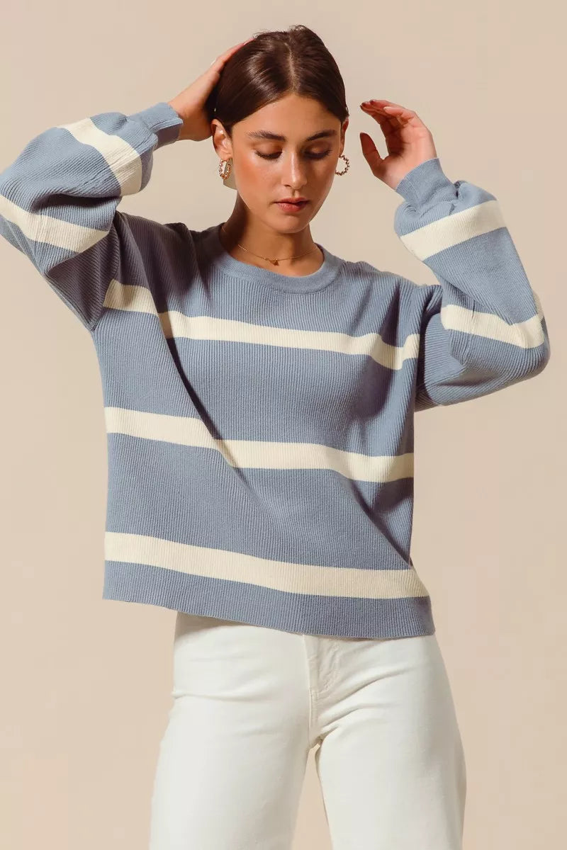 Ribbed Striped Round Neck Sweater