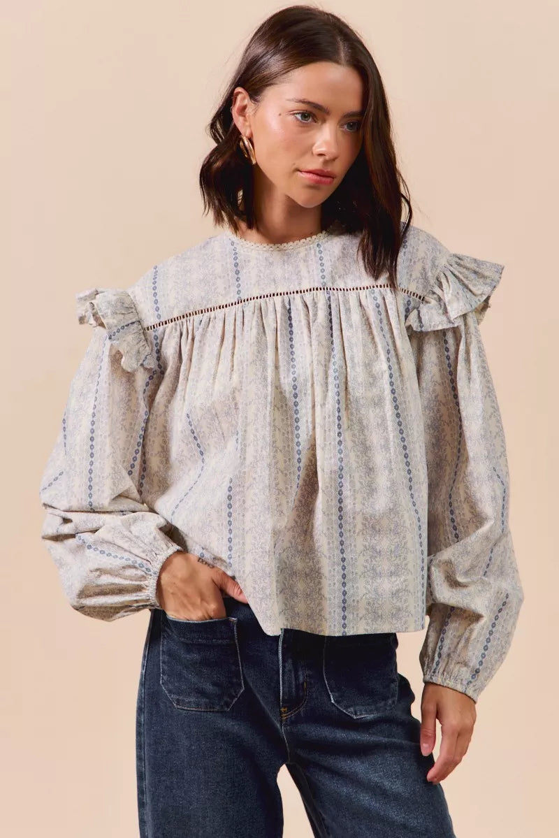 Floral Cotton Print Ruffled Long Sleeve Blouse