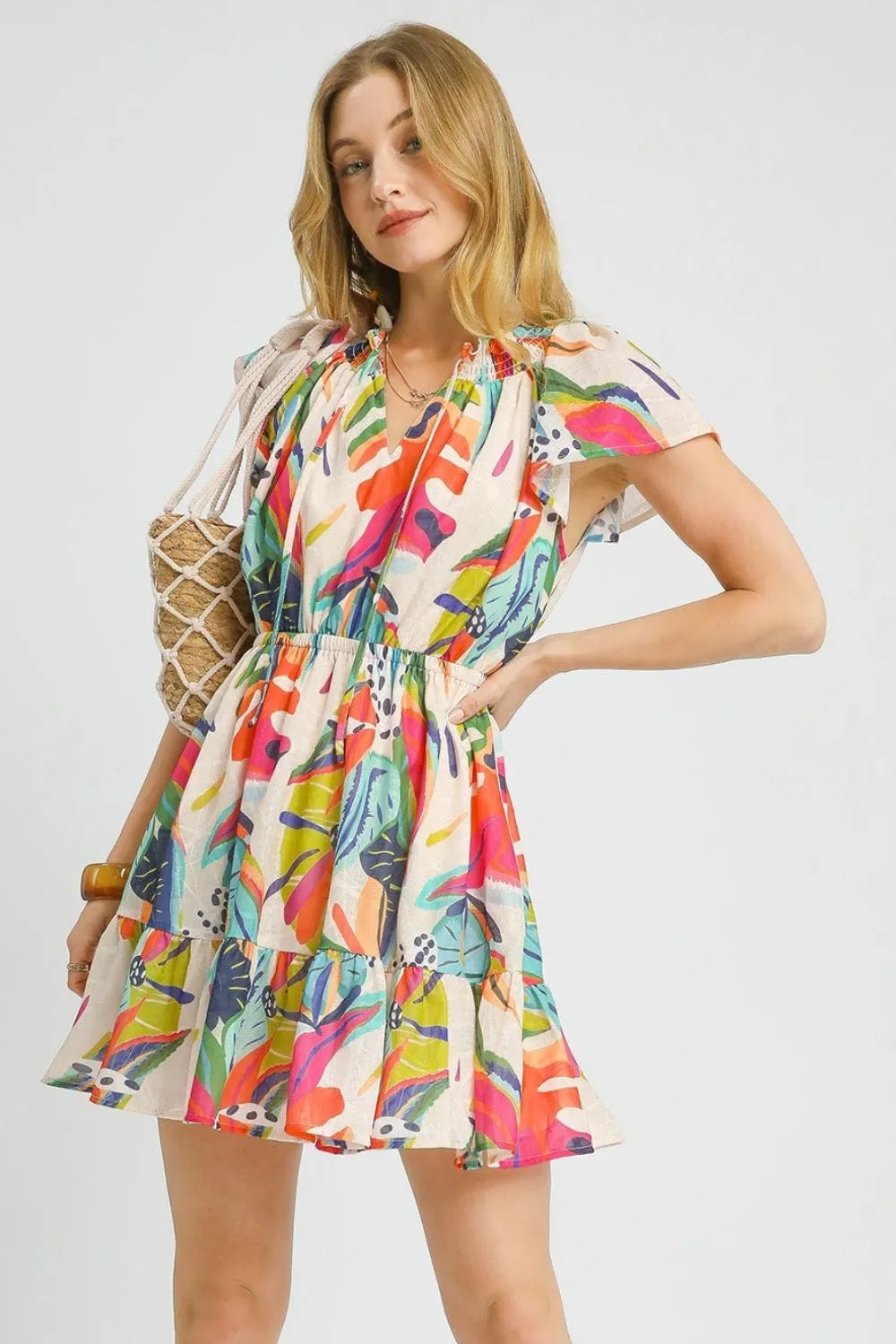 Printed Tie Neck Ruffled Hem Dress