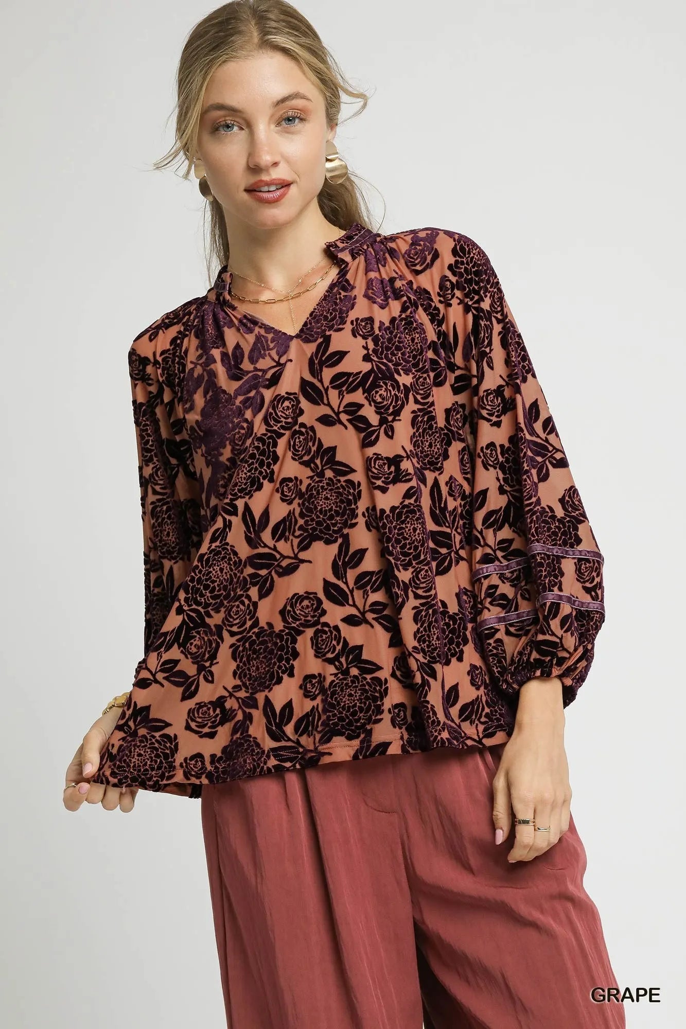 Floral Velvet Blouse with Balloon Sleeves
