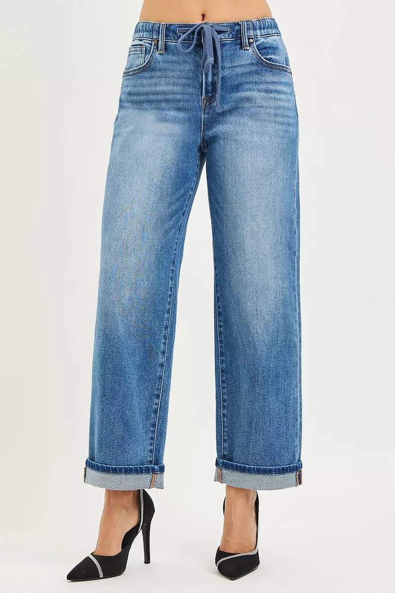 Elastic Band Slouch Ankle Boyfriend Cuffed Hem Jeans