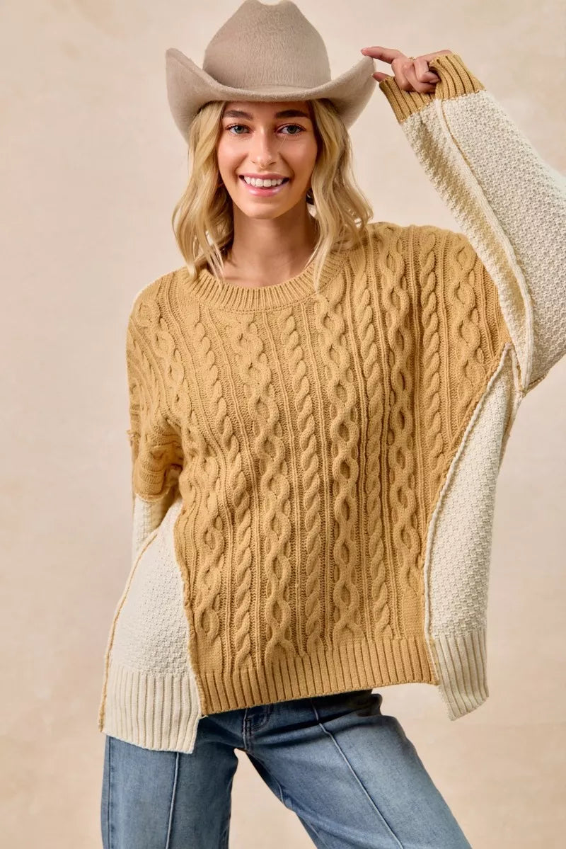 Cable Knit With Hacci Combo Sweater With Uneven Hem Detail