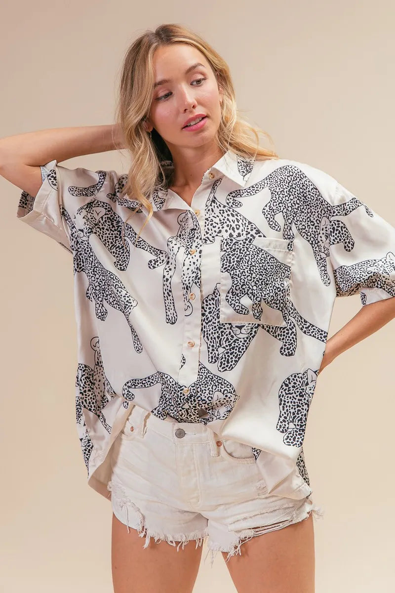 Leopard Print Short Sleeve Silky Satin Shirt Top