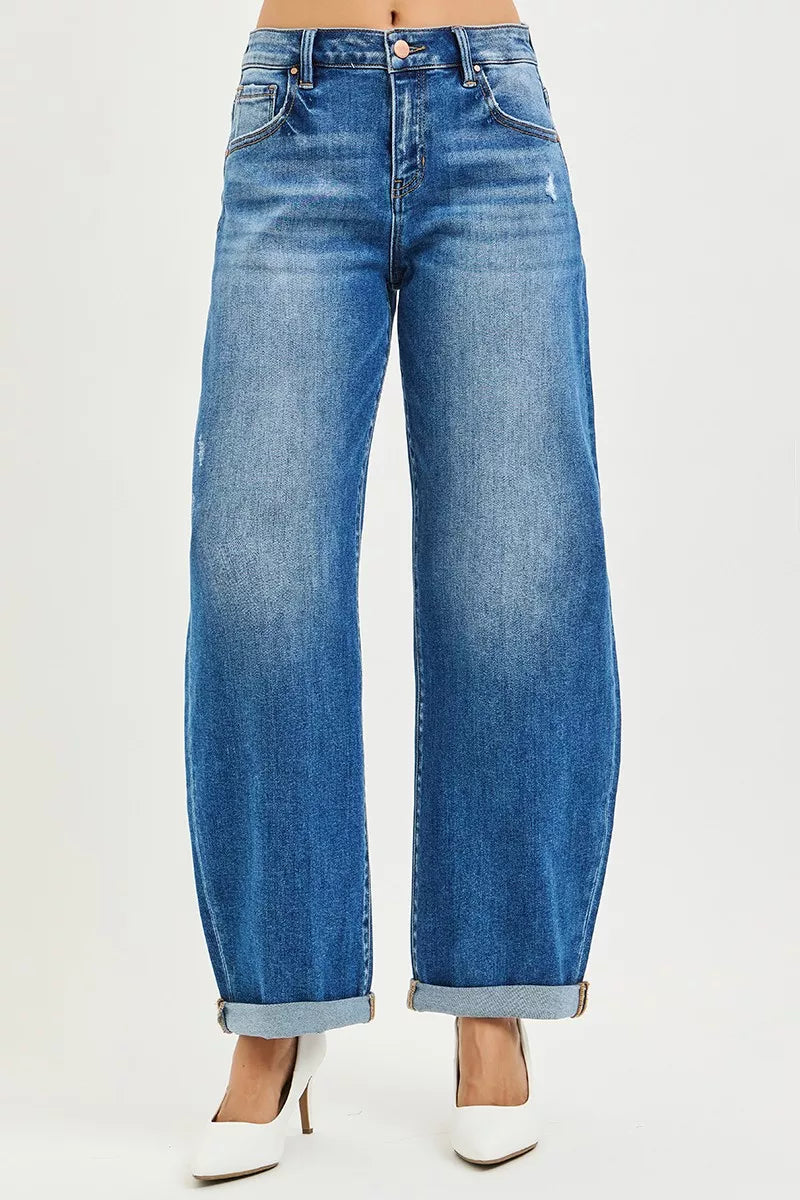 Full Size Mid Rise Barrel Double Roll Up Jeans Plus Size