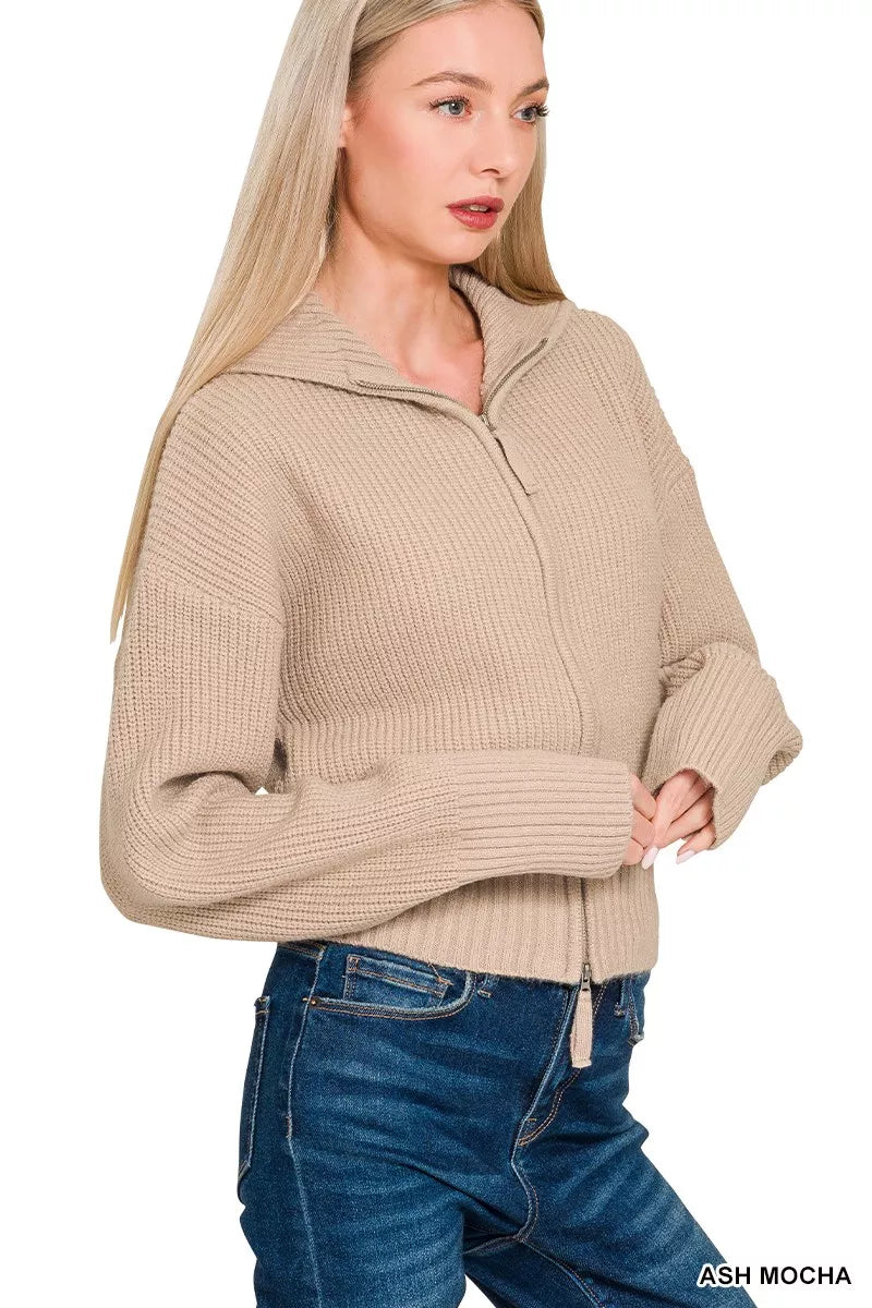 Ribbed Collared Zip Up Sweater Cardigan