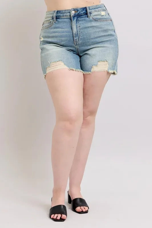Plus Size High Rise Washed Fly Stitch Detail and Destroy Denim Shorts