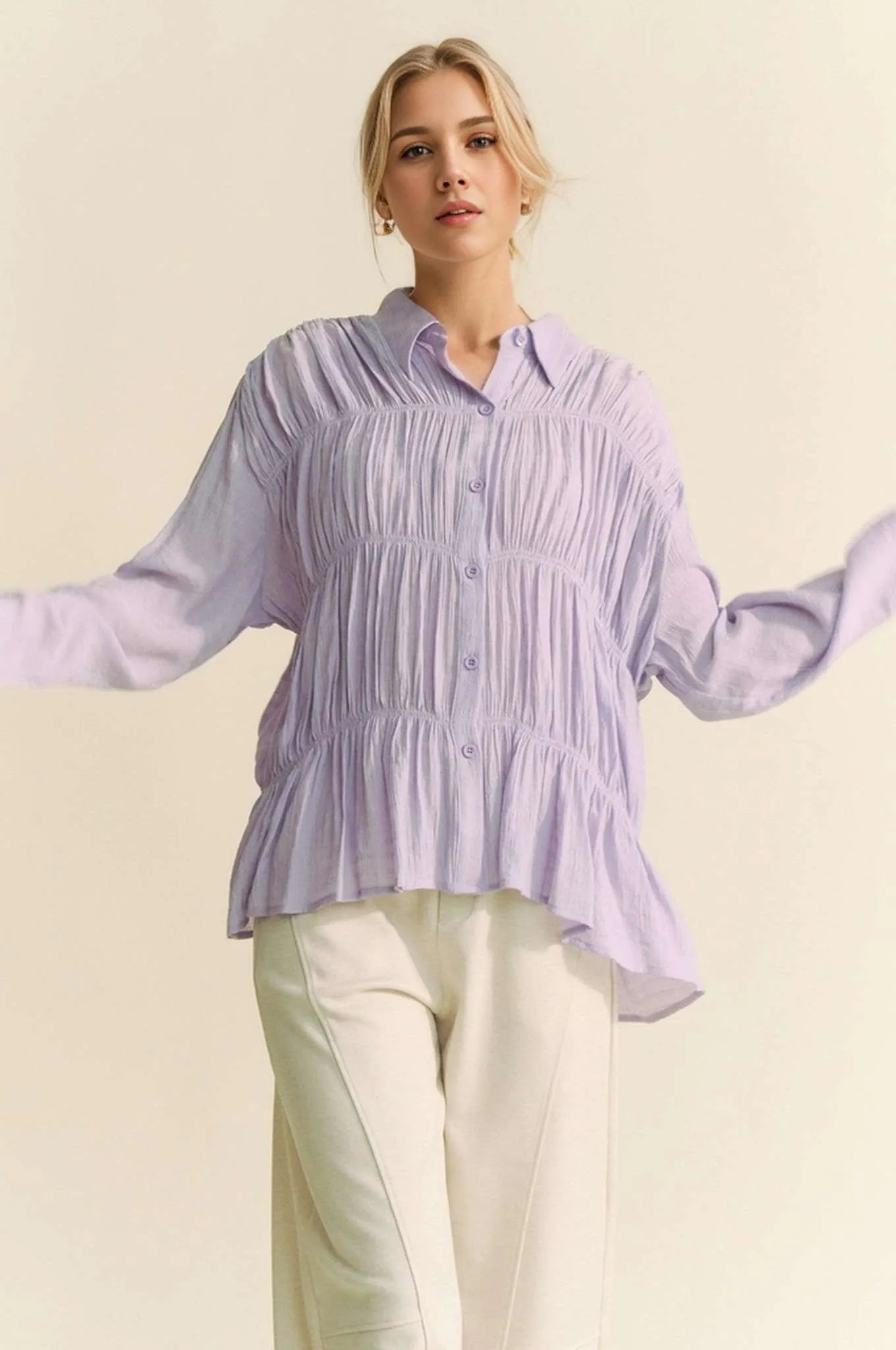 Ruched All Over Button Front Shirt