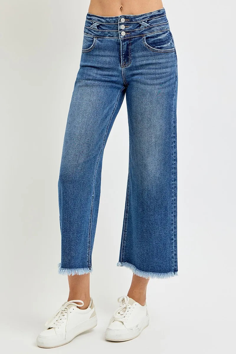 High Rise Crop Wide Leg Jeans with Wide Band Detail