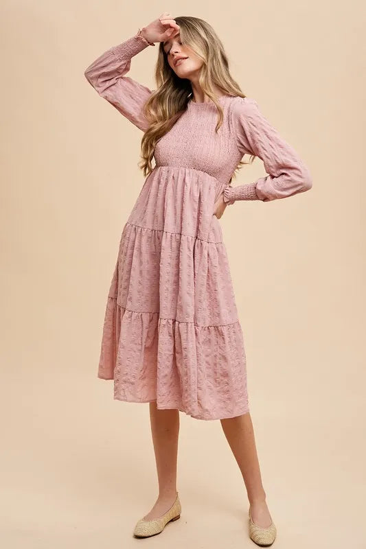 Textured Smocking Bodice Tiered Midi Dress