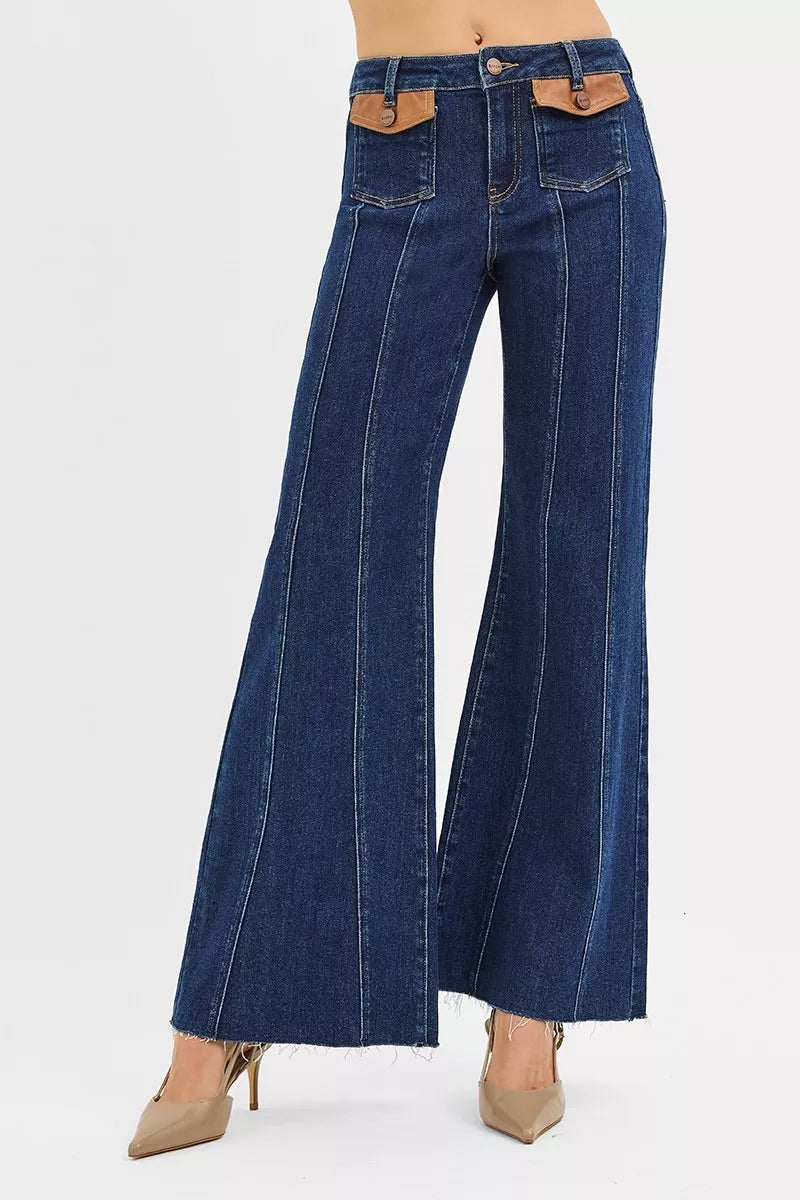 High Rise Wide Flare Jeans with Front Leather Pocket Detail