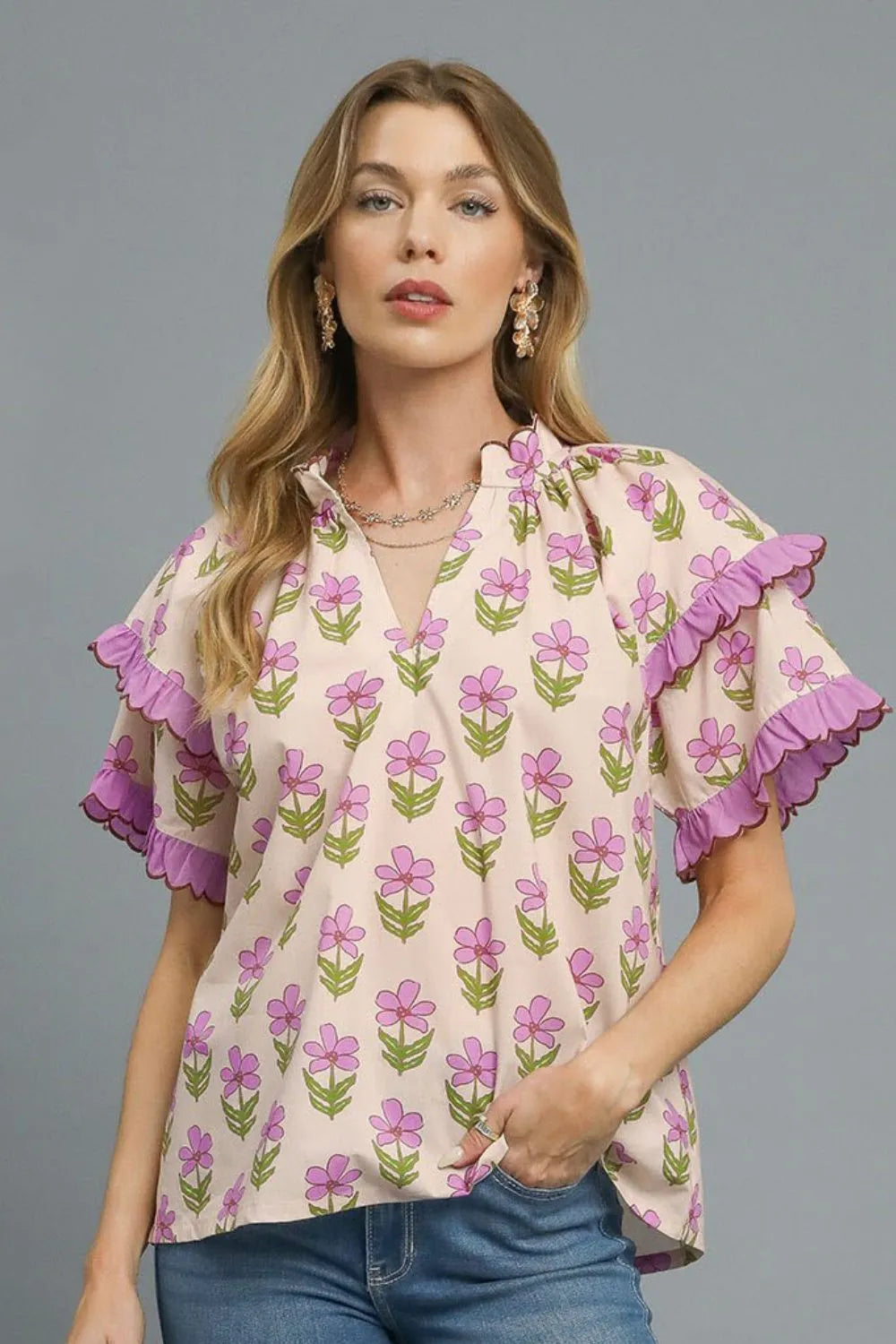 Floral Print Ruffle Short Sleeve Blouse