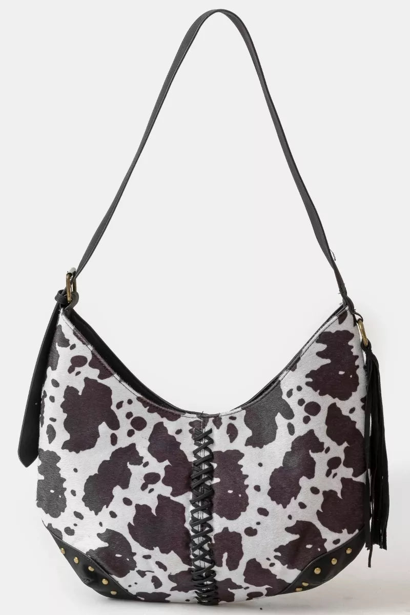 Cow Print Hobo Shoulder Bag with Studded Details