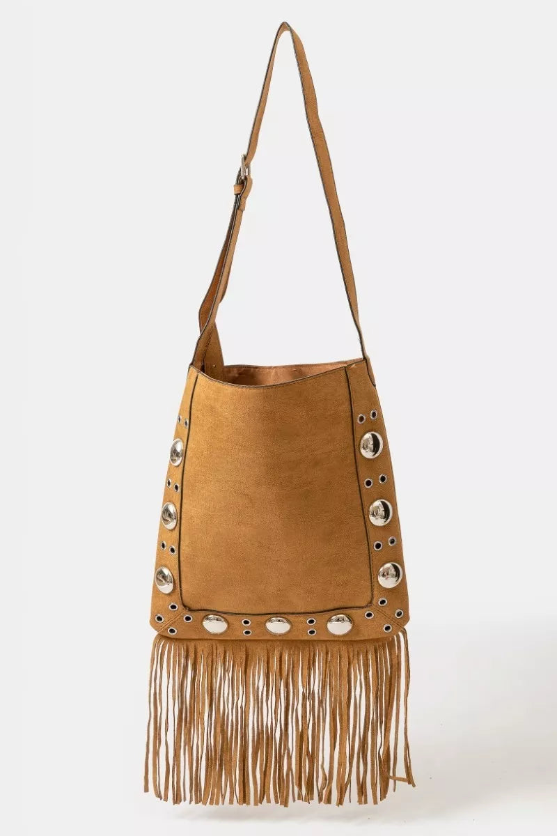 Faux Suede Grommet Accent Fringe Tote Bag