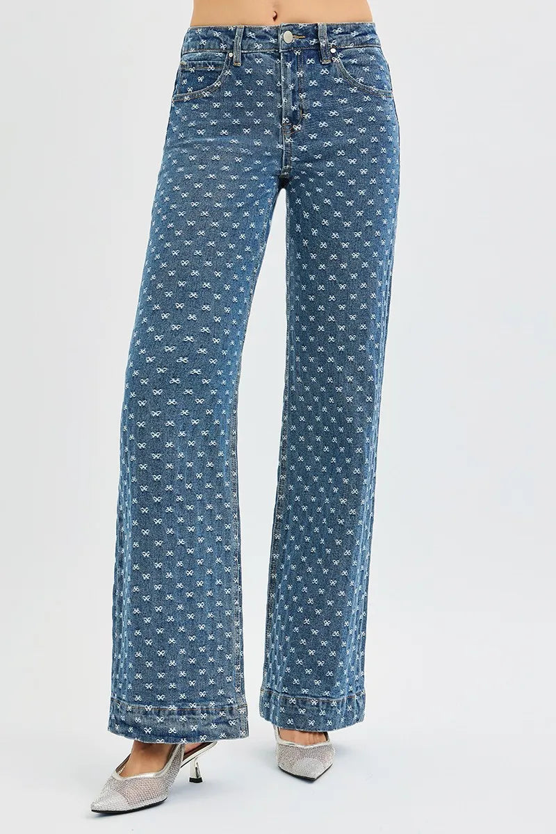 High Rise Wide Leg Bow Embroidered Jeans