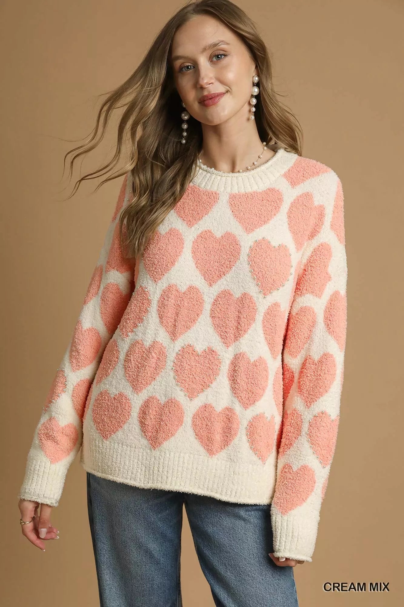 Mix Heart Pattern Pearl Accent Sweater