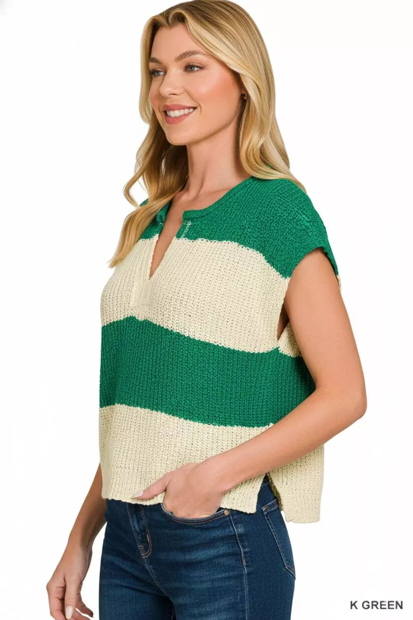 Split Neck Sleeveless Stripe Sweater