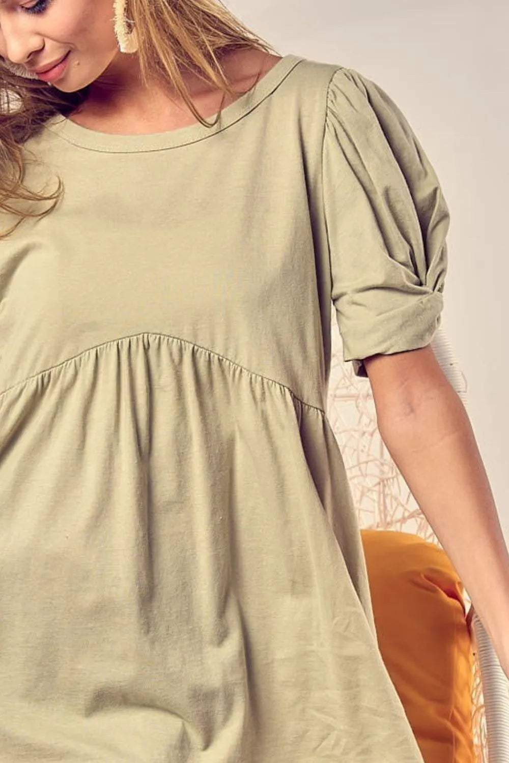 Cotton Span Knit With Puff Sleeve Baby Doll Top