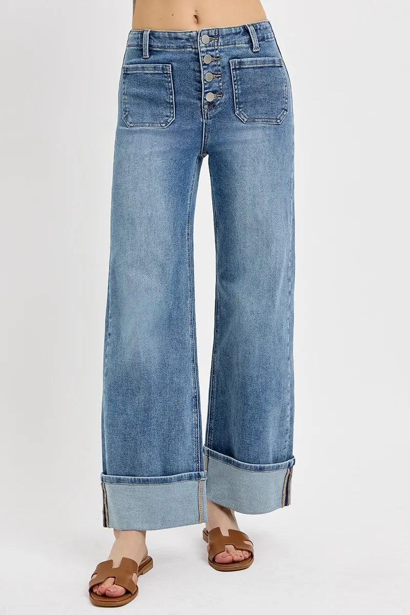 High Rise Ankle Wide Button Patch Pocket Cuffed Jeans