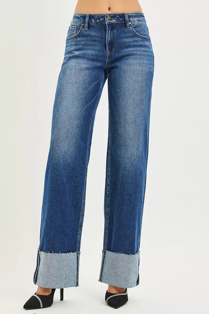 Mid Rise Wide Straight Jeans With Wide Cuff