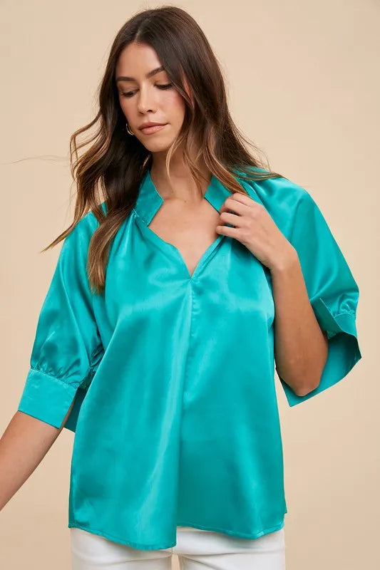 Satin V Neck Open Short Sleeve Woven Blouse Top